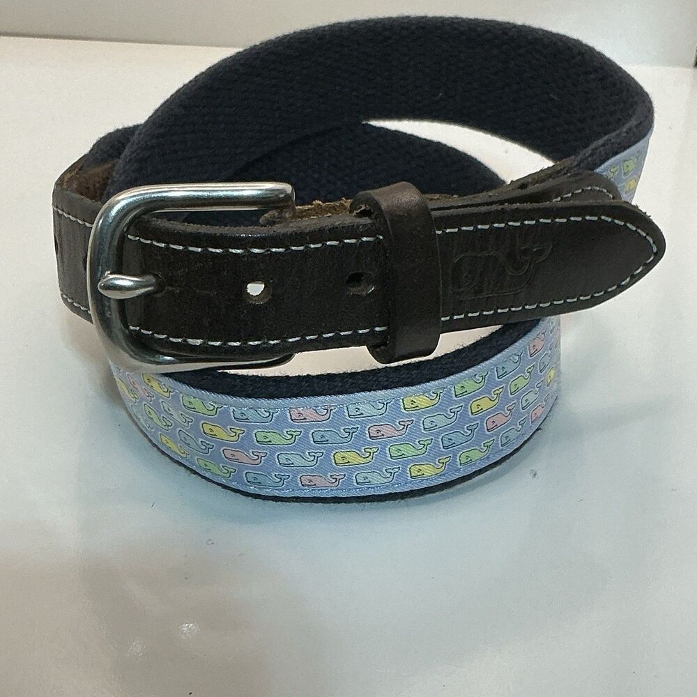 Vineyard Vines Navy Pink Blue Whale Logo Canvas Club Brown Belt Size 28 Made USA